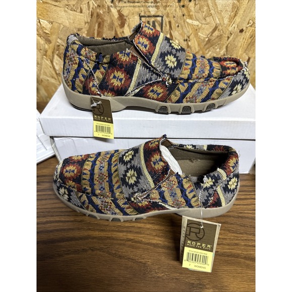 Roper Shoes - Roper Jackie Blue Women's 7 Aztec Southwestern Print Slip On Driving Moc NIB